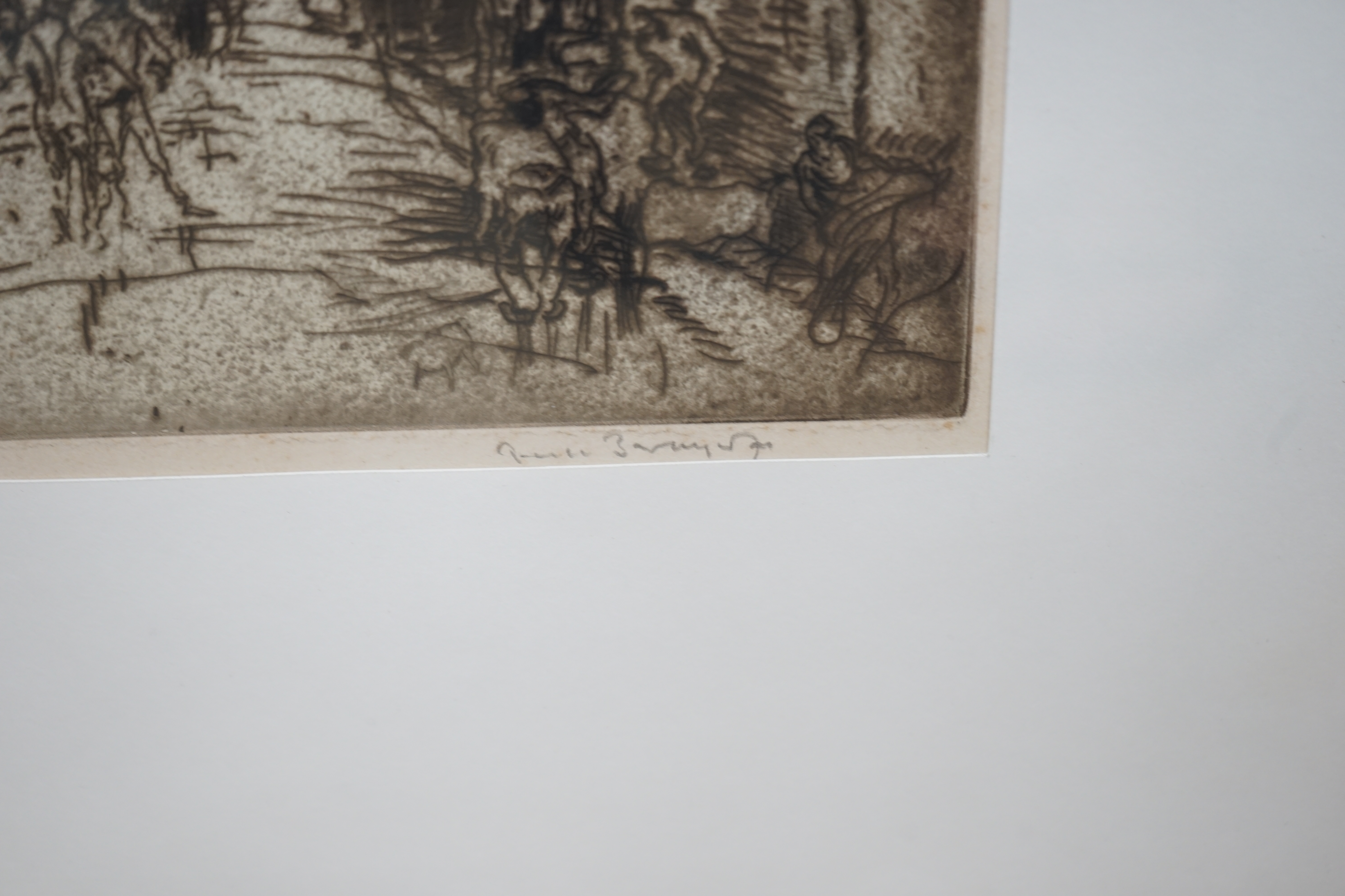 Frank Brangwyn (Welsh, 1867-1956), lithograph and etching, Street scenes with buildings, each signed in pencil, largest 42 x 31cm. Condition - poor to fair, discolouration and rippling to the paper